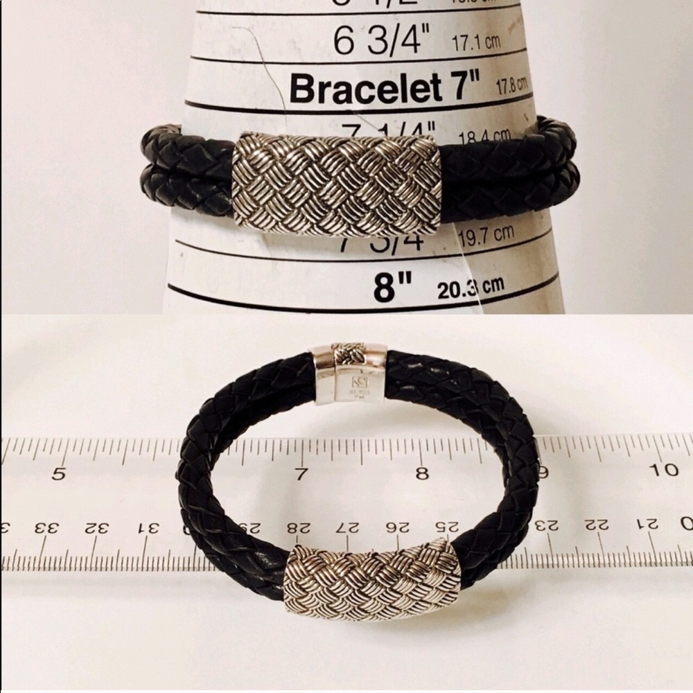 Sterling Silver Woven Black Leather Bracelet - Picture 5 of 8